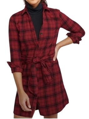 Abercrombie & Fitch Tie Waist Flannel Shirt Dress Red Plaid XS